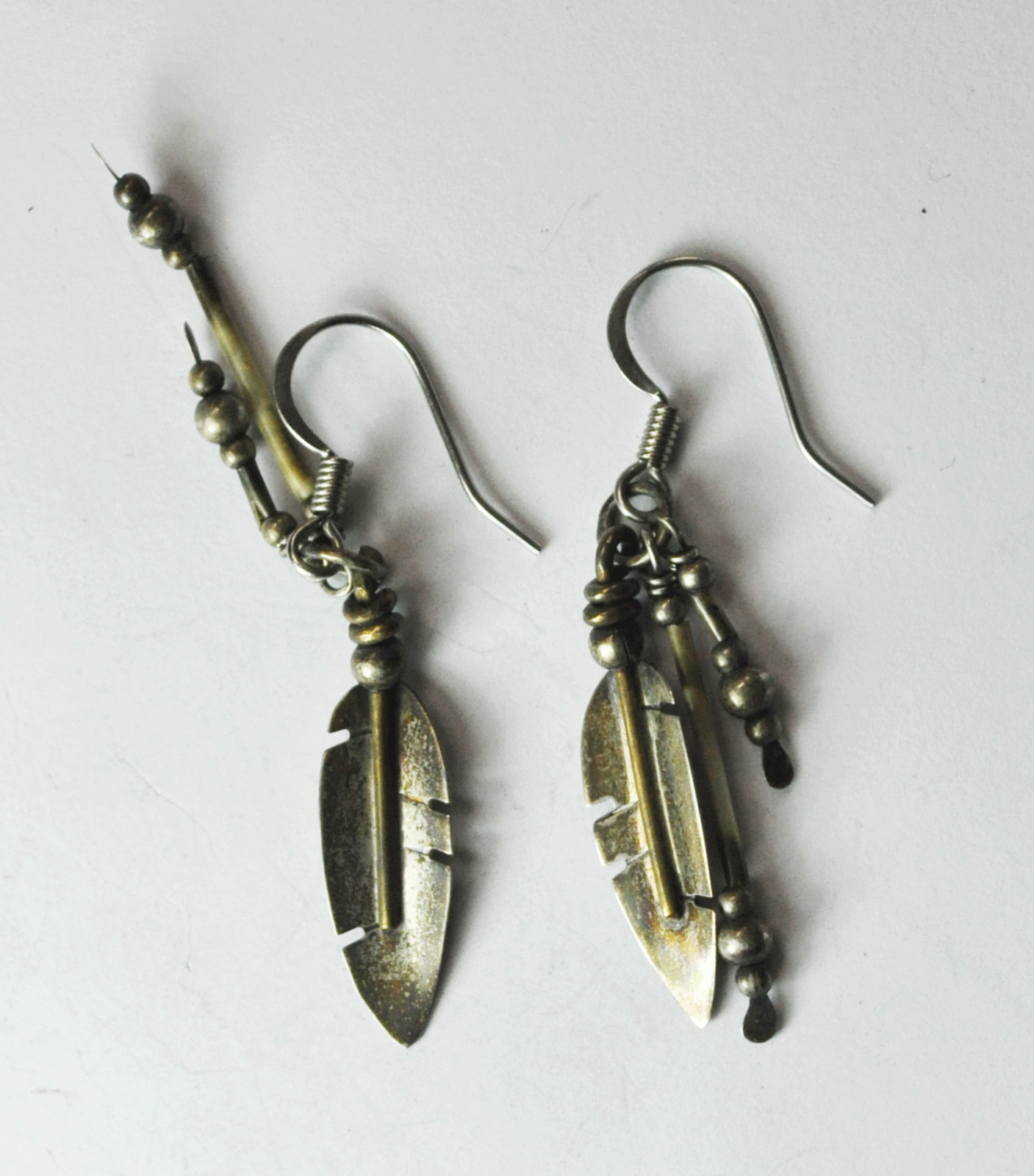 Sterling Silver Signed MS Feather Bead Dangle Earrings Hook 1-5/8" x 7mm