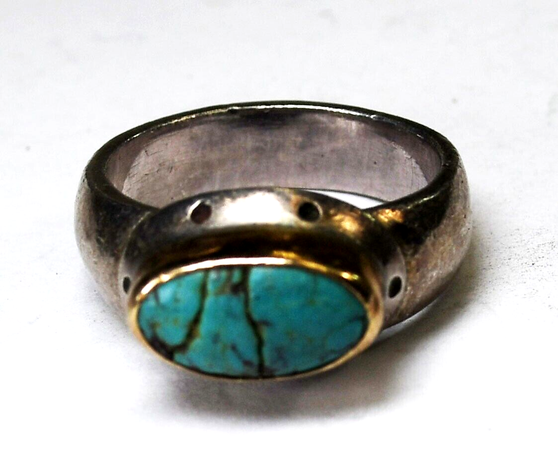 Sterling Silver KH Turquoise Two Tone Ring 10mm Size 6.5