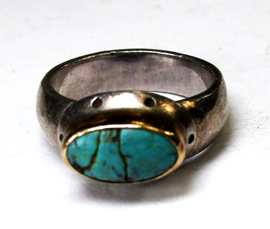 Sterling Silver KH Turquoise Two Tone Ring 10mm Size 6.5