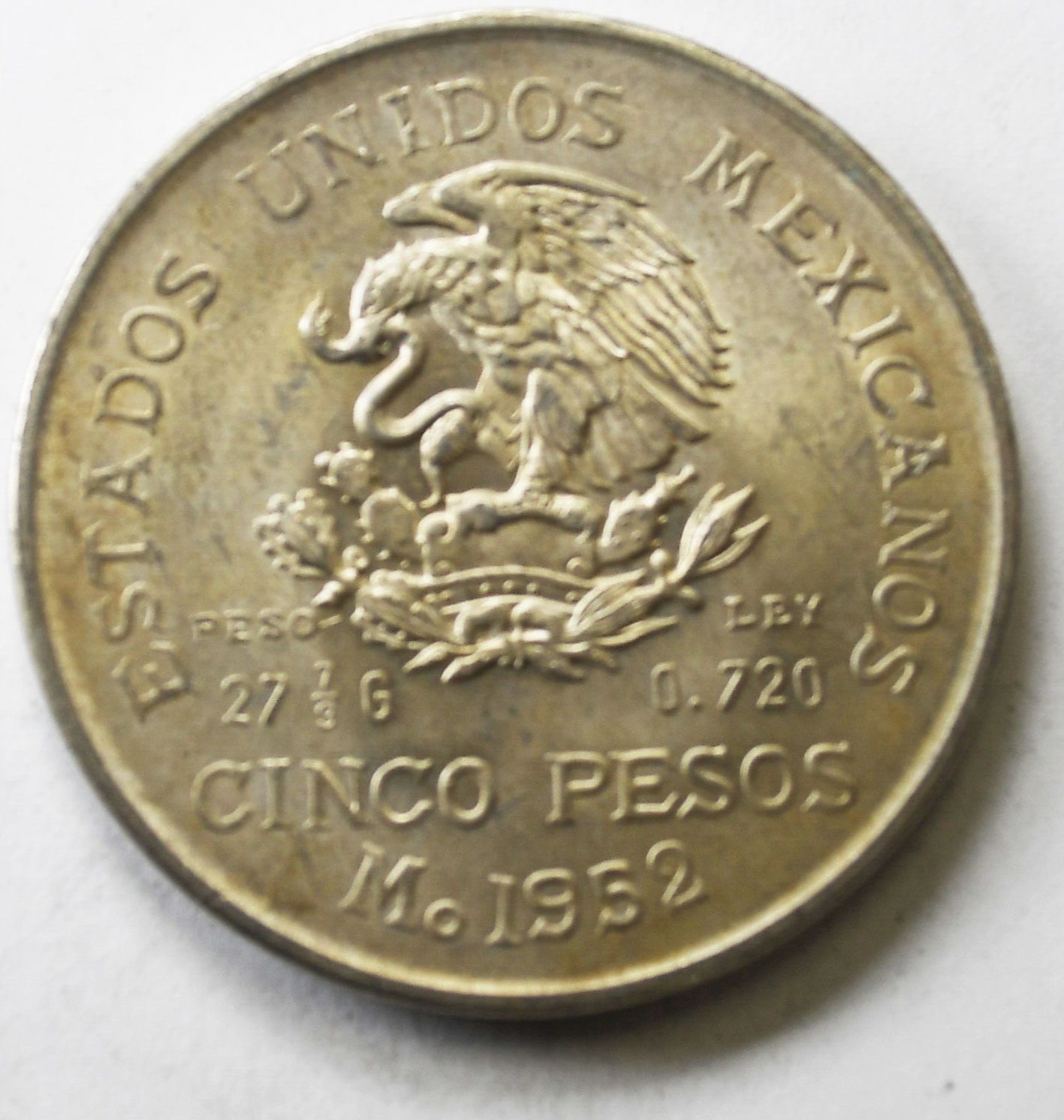 1952 Mexico Estados Unidos Mexicanos 5 Five Pesos Silver Coin KM#467