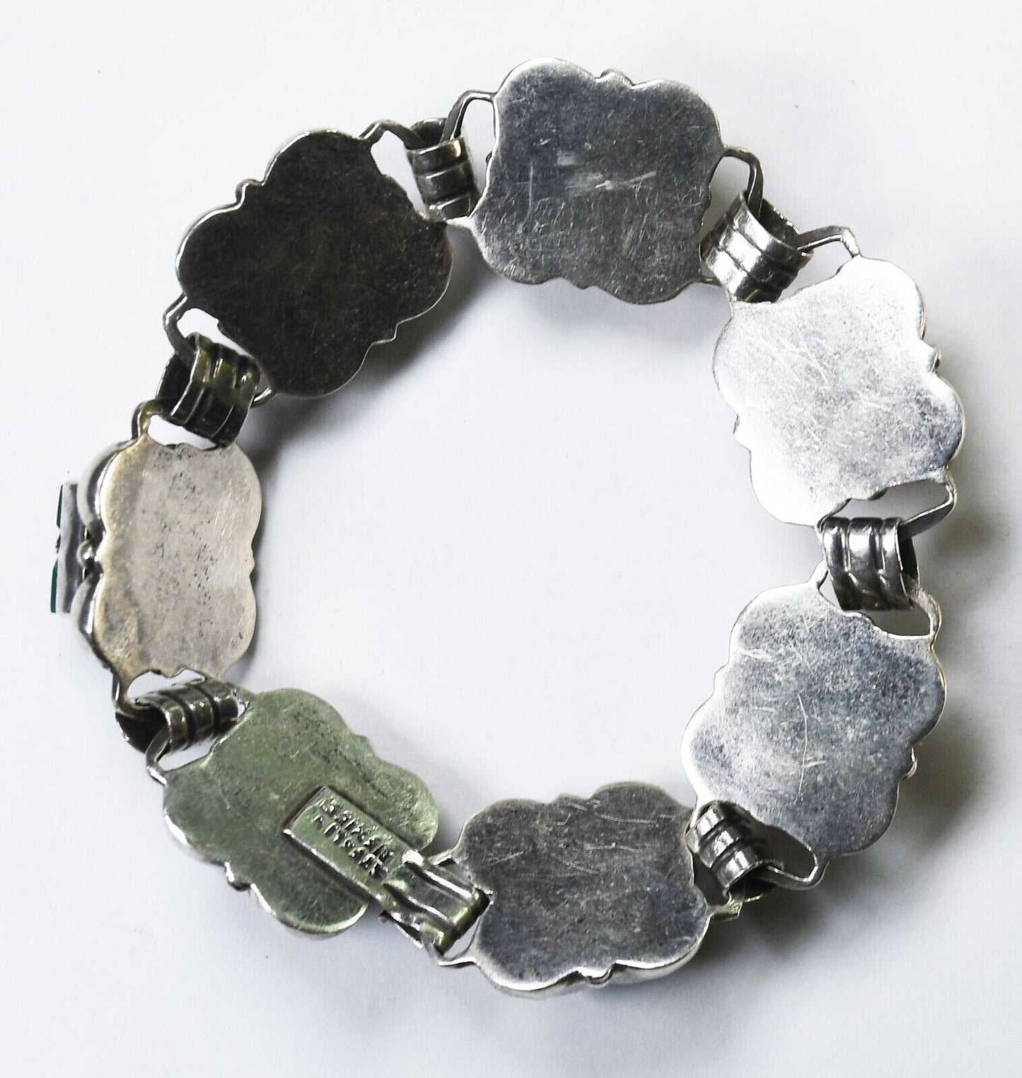 Sterling Silver Green Mexican Jade Inlay Bracelet 16mm 7.25"