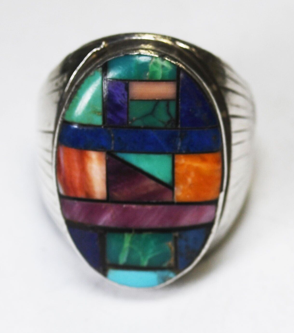 Sterling Silver Frank Yazzie Turquoise Spiny Oyster Inlay Ring 28mm Size 10