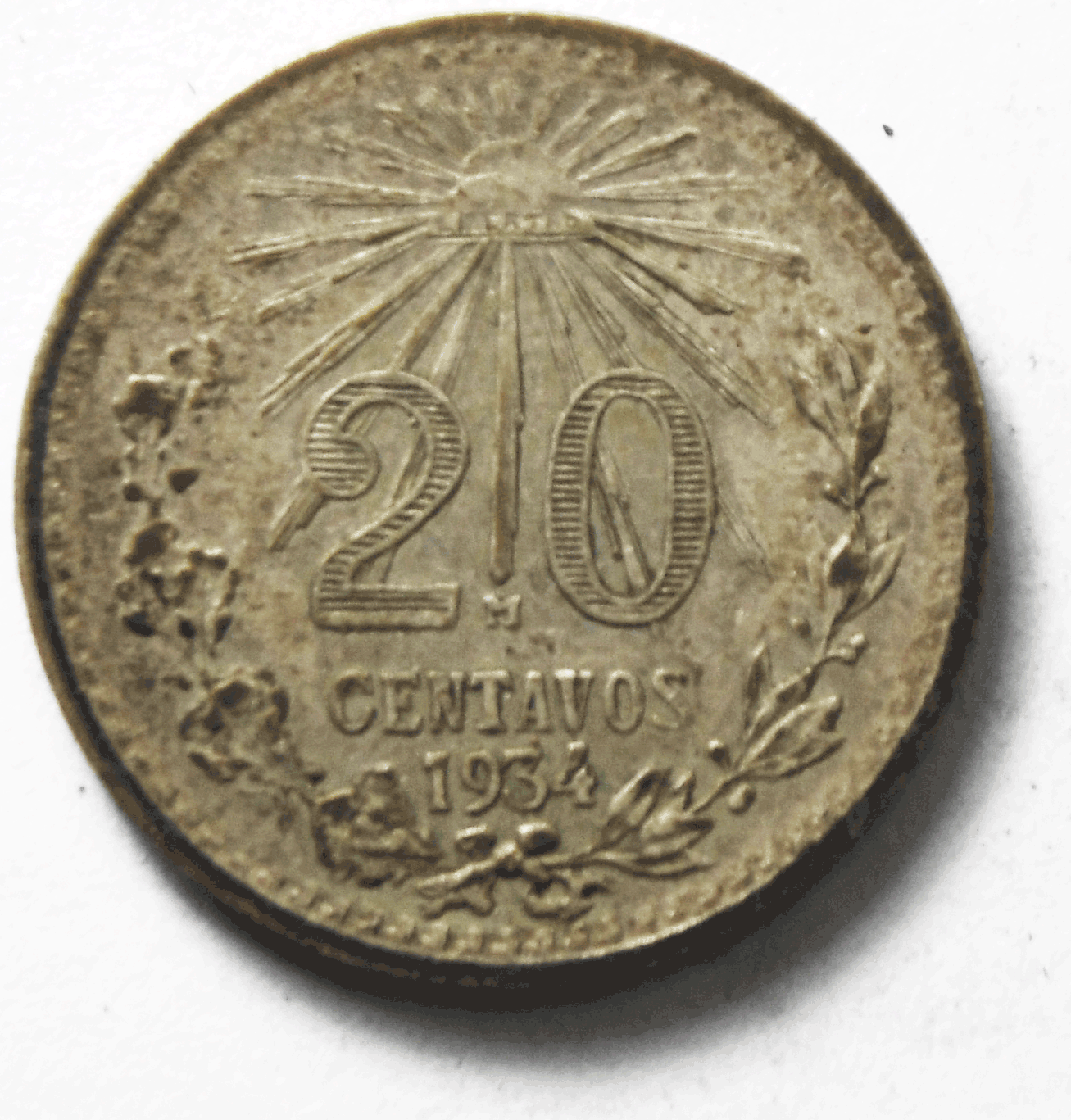 1934 Mexico Estados Unidos Mexicanos 20 Centavo Silver Coin KM# 438