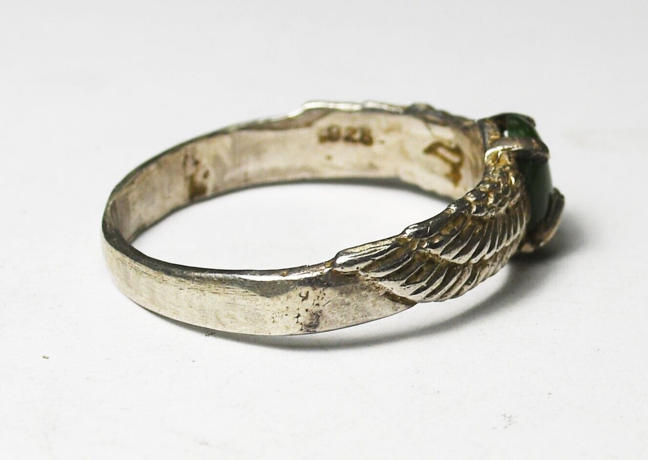 Sterling Silver Oval Green Jade Eagles Wings Ring 9mm Size 13
