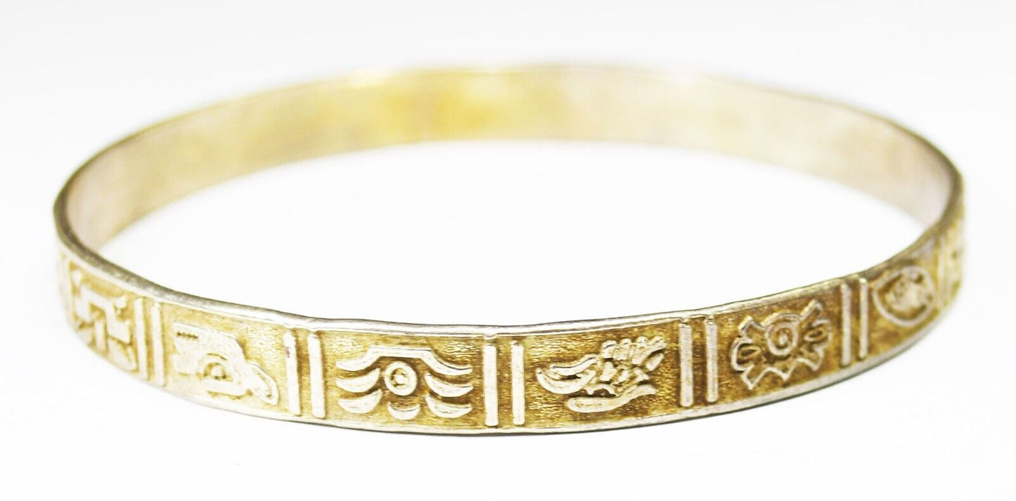 Sterling Silver Hieroglyphics Round Bangle Medium Bracelet 8mm