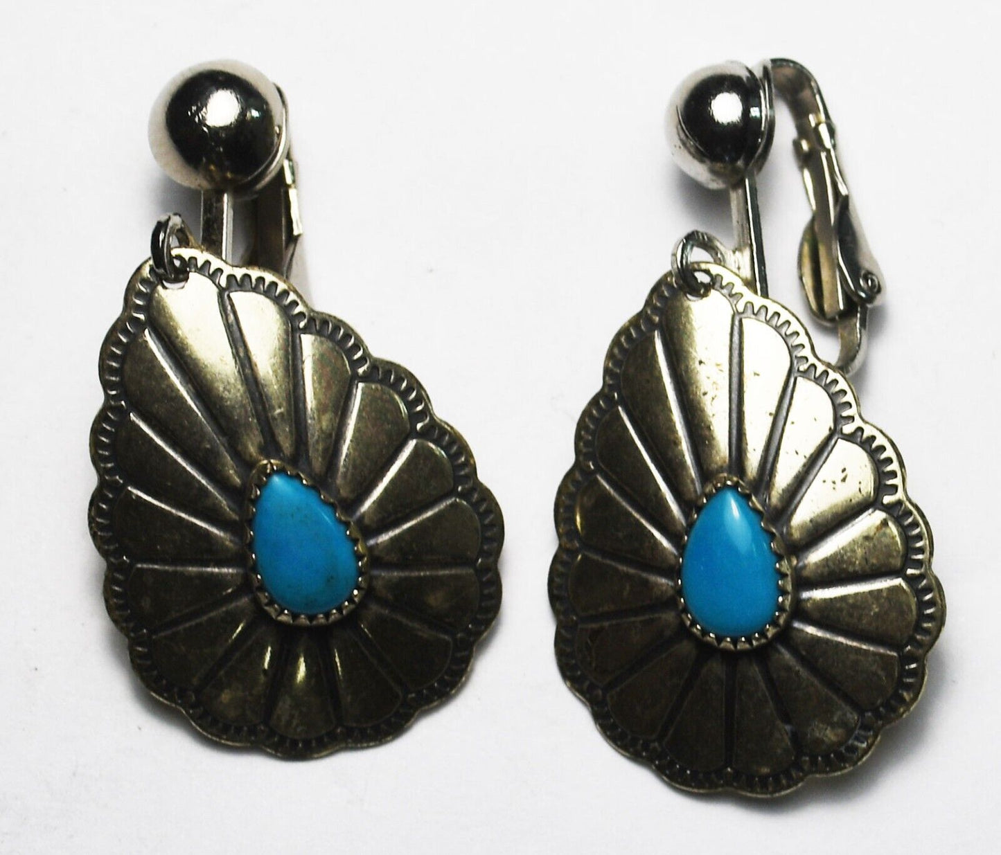 Sterling Silver Wheeler Turquoise Teardrop Concho Clip On Earrings 39mm x 20mm