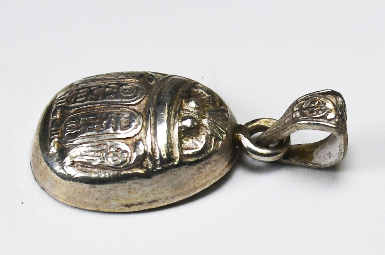 Sterling Silver Scarab Hieroglyphics Beetle Pendant 26mm x 13mm