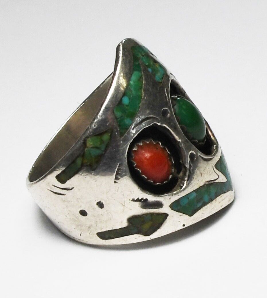 Sterling Signed SC Turquoise Coral Chip Inlay Ring 25mm Size 9.5