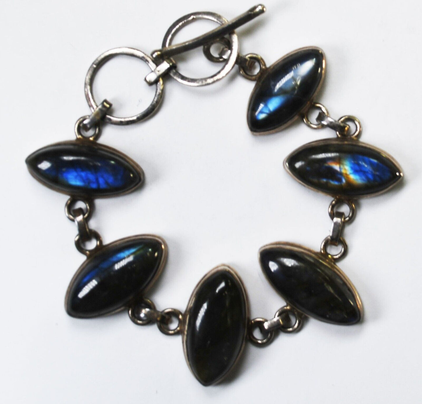 Sterling Silver Ellipse Labradorite Toggle Hammered Bracelet 24mm 7-3/4"