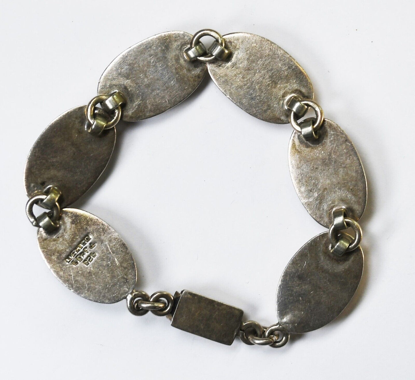 Sterling Silver Mexico Multi Stone Oval Link Bracelet 16mm 7.5"