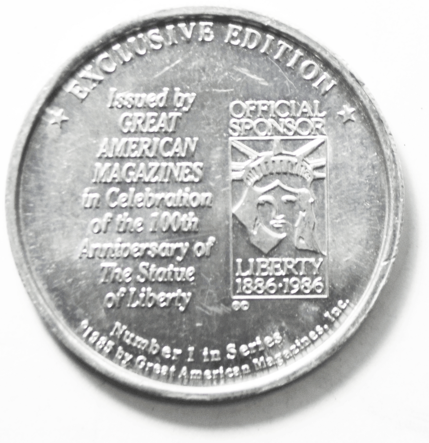 1986 Great American Magazine Liberty Centennial Aluminum Token Medal 39mm