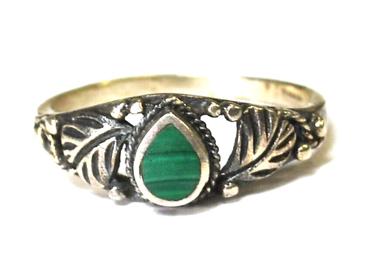 Sterling Silver Malachite Teardrop Leaf Floral Edge Ring 7mm Size 7-1/4
