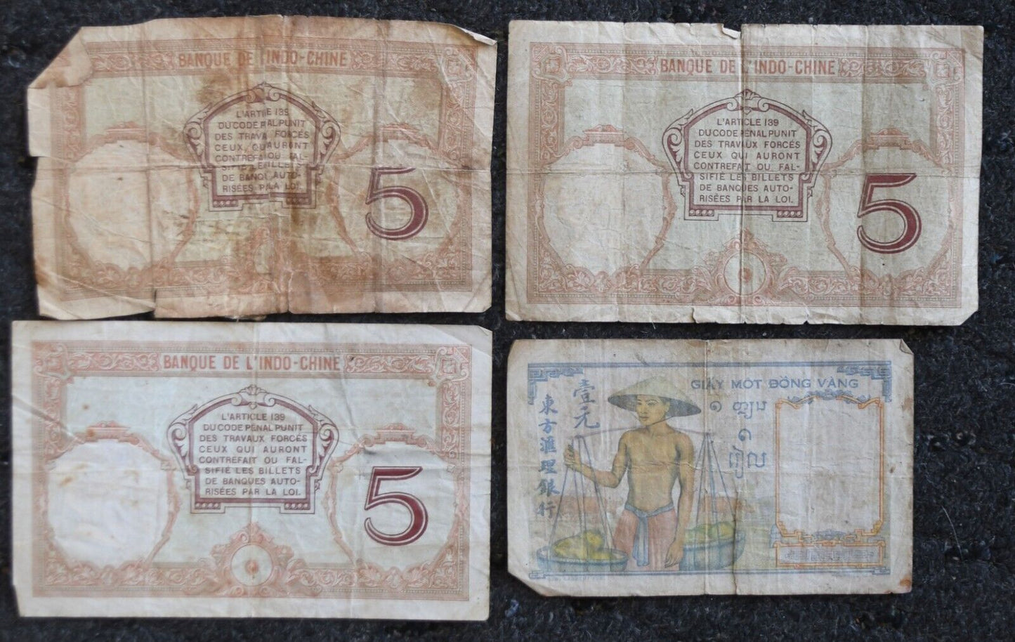 4- New Caledonia Indo China Banknotes 1 Piastre 5 Francs