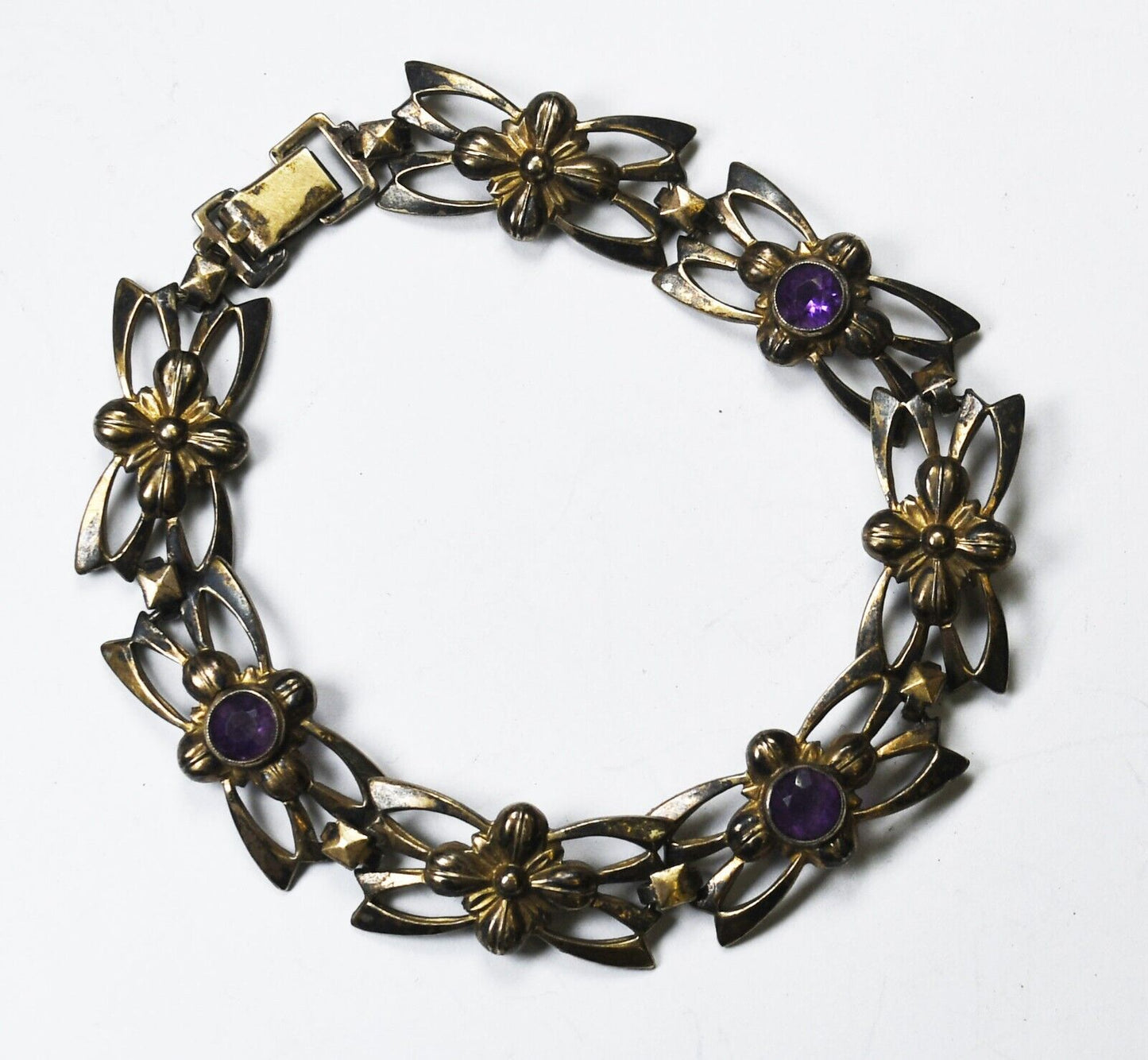 Sterling Vintage Flower Bow Amethyst Bracelet 12mm 7"