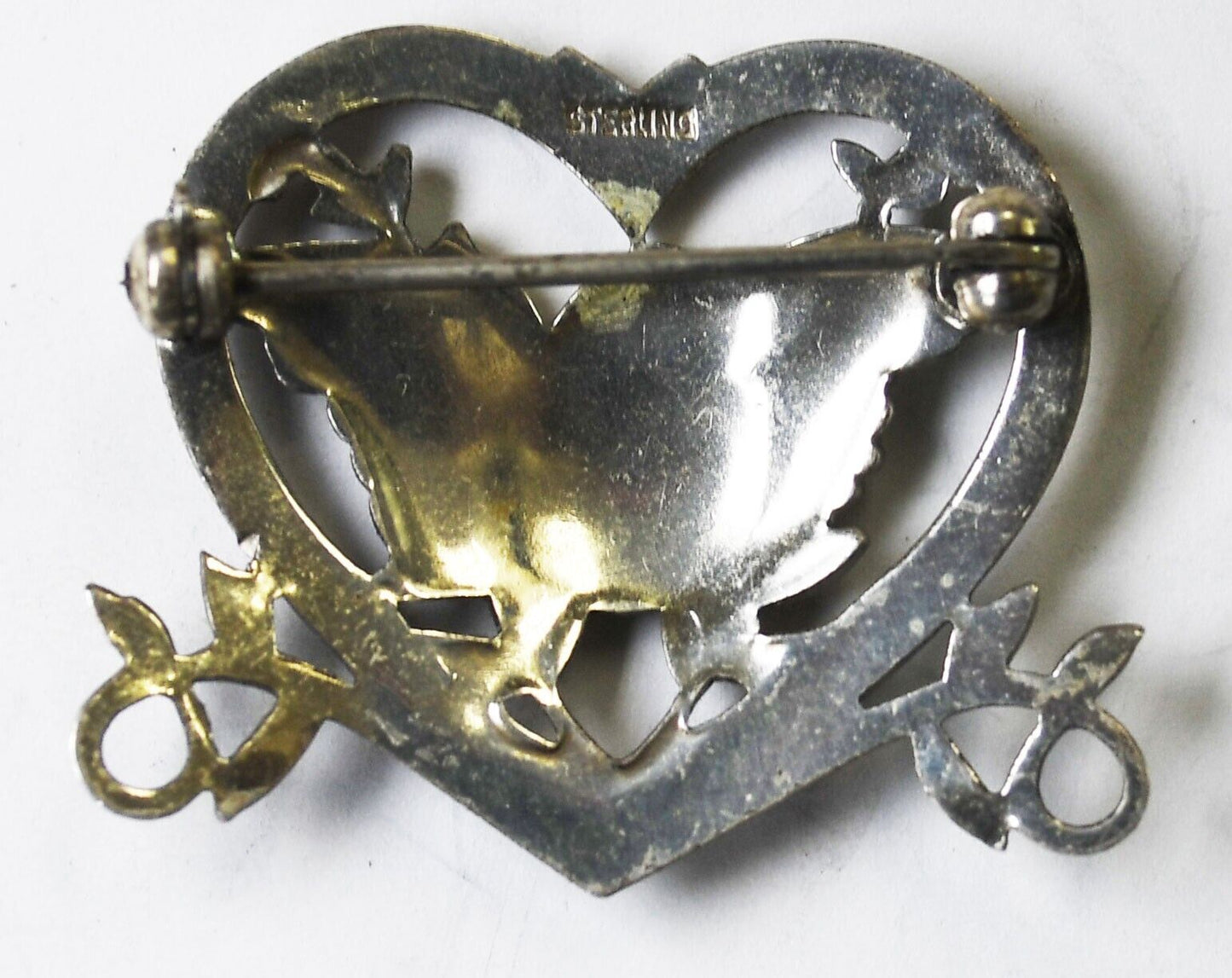 Sterling Silver Dove Inside Heart Floral Vine Brooch Pin 33mm x 27mm