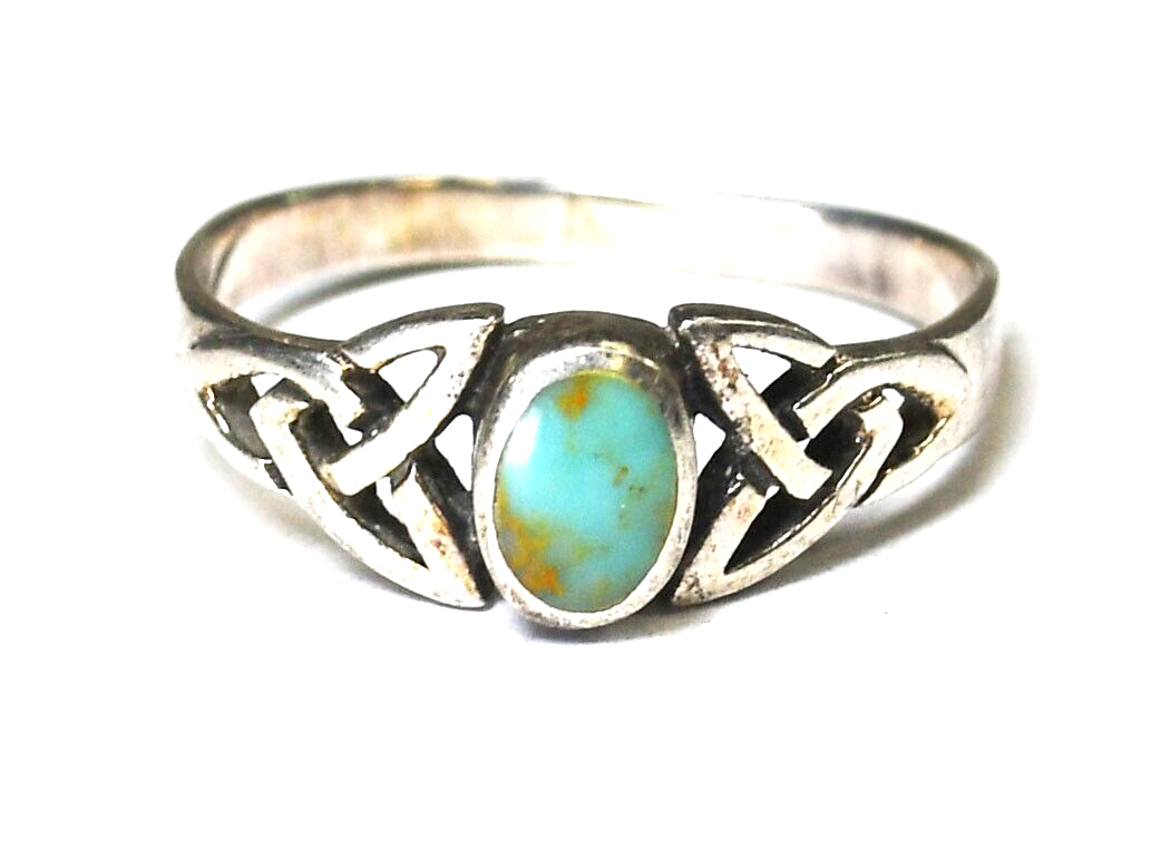 Sterling Silver Oval Turquoise Scroll Celtic Ring 7mm Size 9.5
