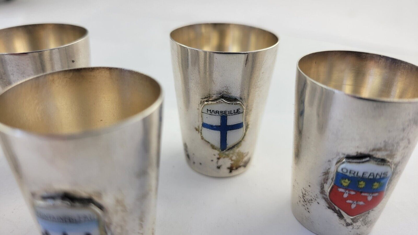 6pc. Sterling Souvenir Shot Glasses 2.4oz. Paris, Orleans, Versailles 1 3/8"