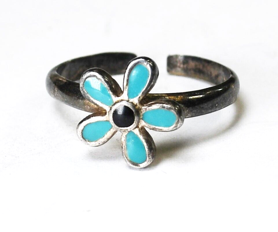 Sterling Silver Enameled 9mm Flower Toe Small Adjustable Ring Size 3.5