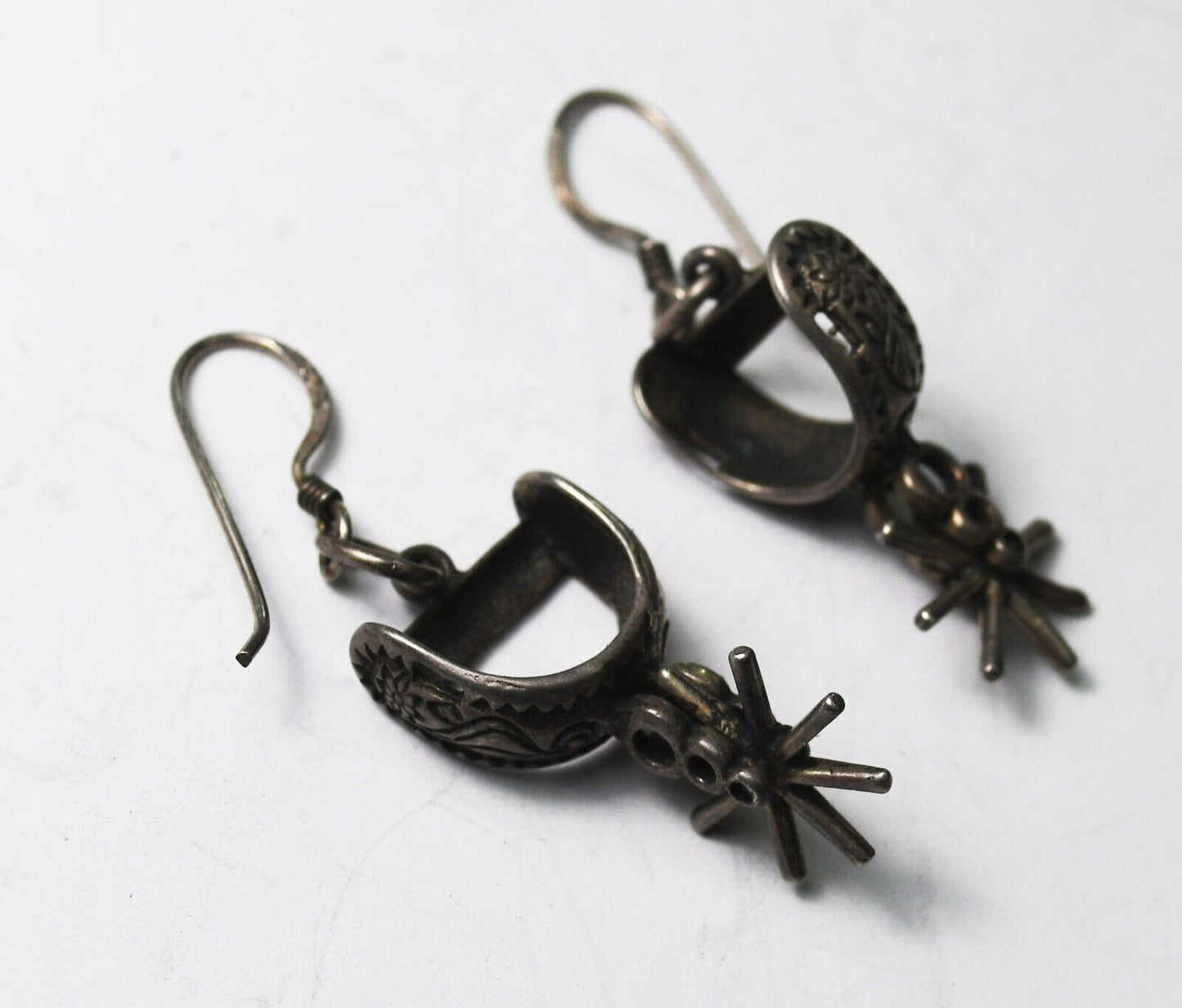 Sterling Silver Cowboy Spurs Southwest Articulated Dangle Earrings 39mm x 12mm