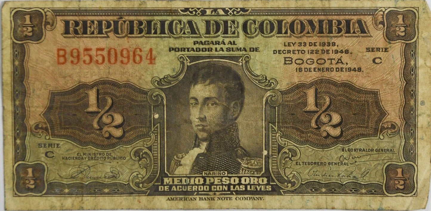 1948 Republic of Colombia Banknote 1/2 Half Peso B9550964