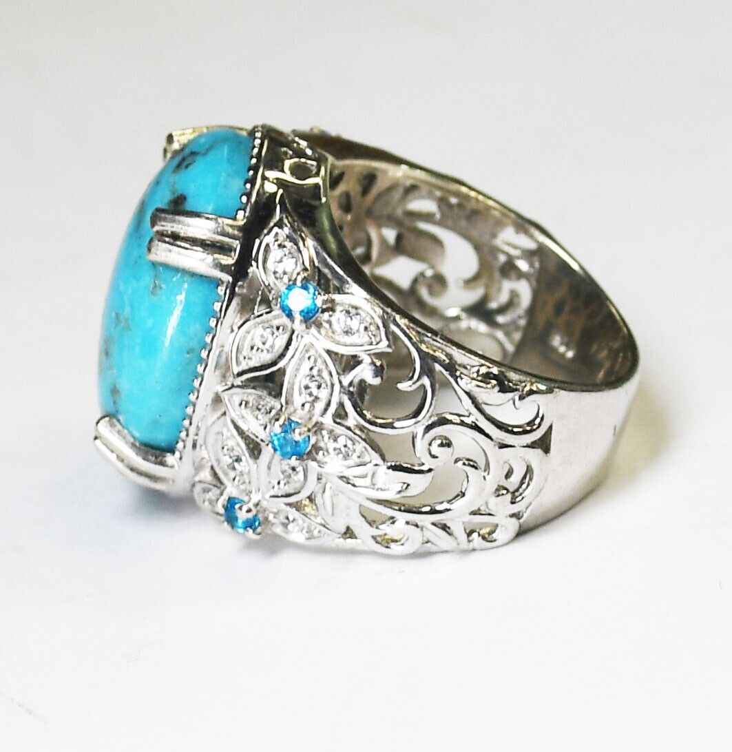 Sterling Silver Blue Turquoise Flower Filigree Ring 21mm Size 7.5