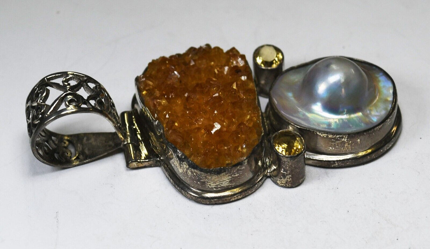 Sterling Silver Druzy Quartz MOP Citrine Large Bale Pendant 77mm x 39mm