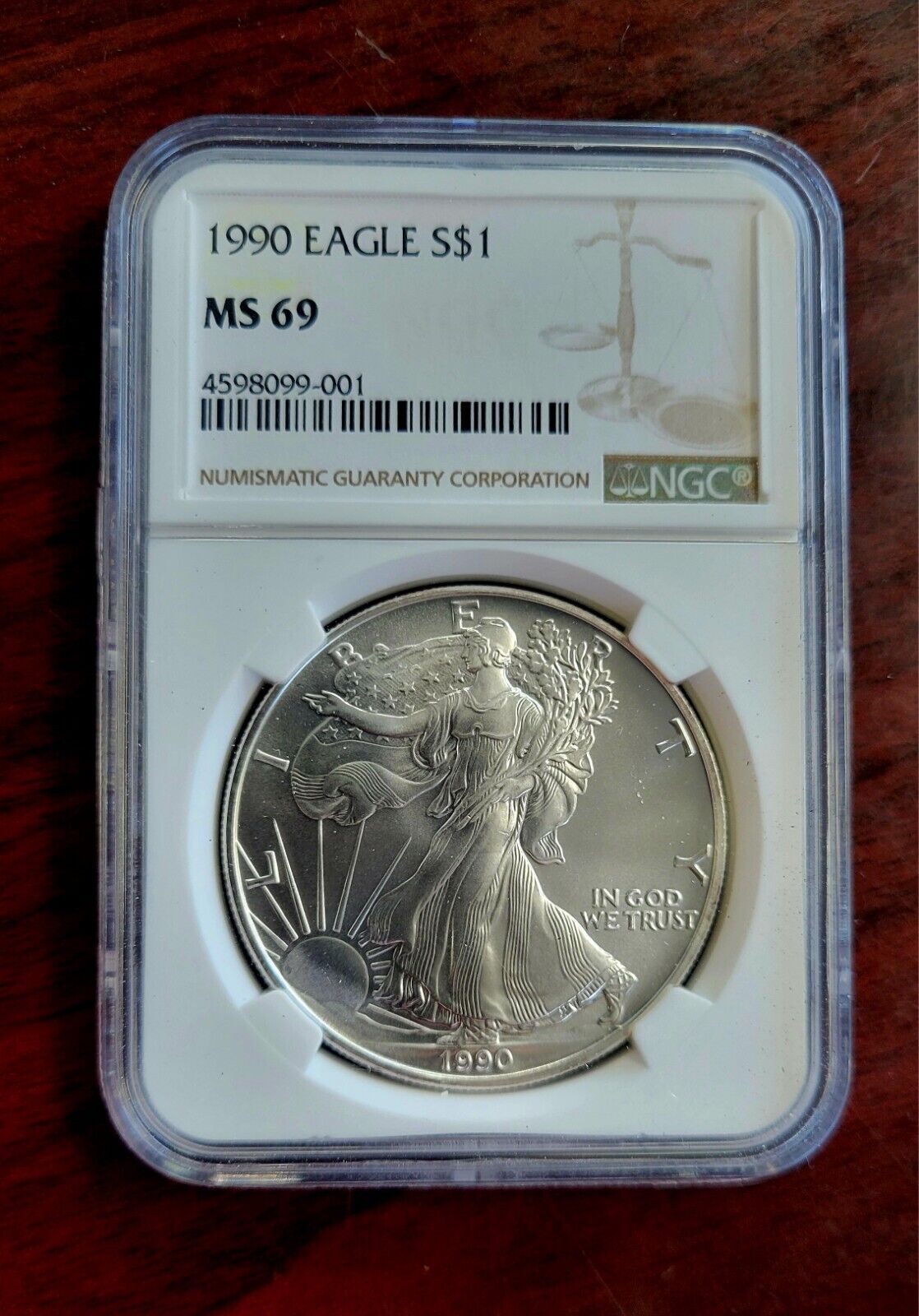 1990 $1 Silver Eagle NGC MS69 Dollar Brown Label Holder .999 Fine Silver 1oz.