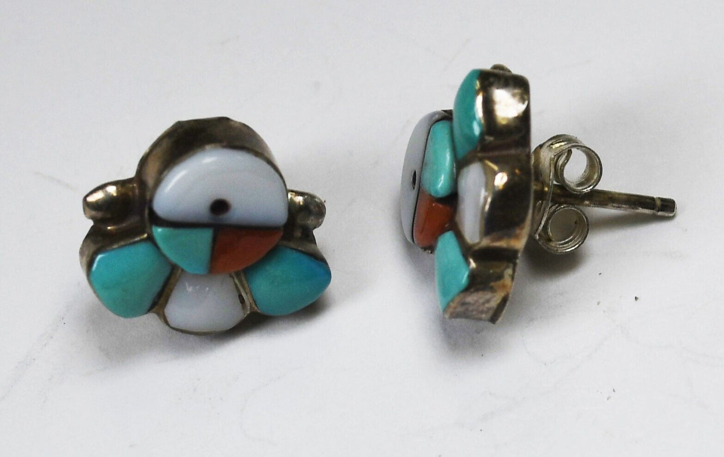 Sterling Silver Zuni Sun Face Turquoise MOP Coral Earrings 12mm x 11mm