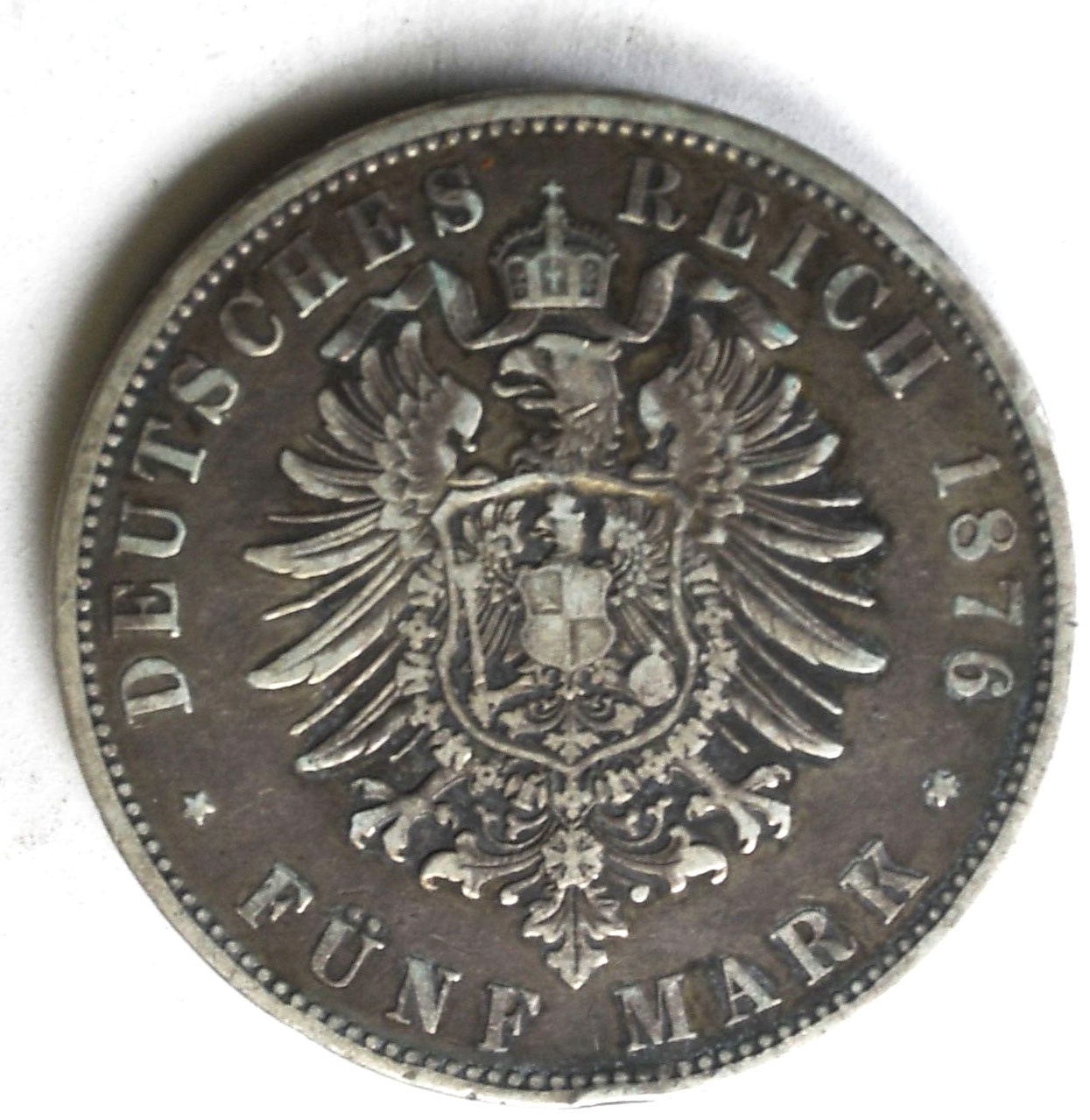 1876 F German States Württemberg Five Marks Silver Coin KM# 623
