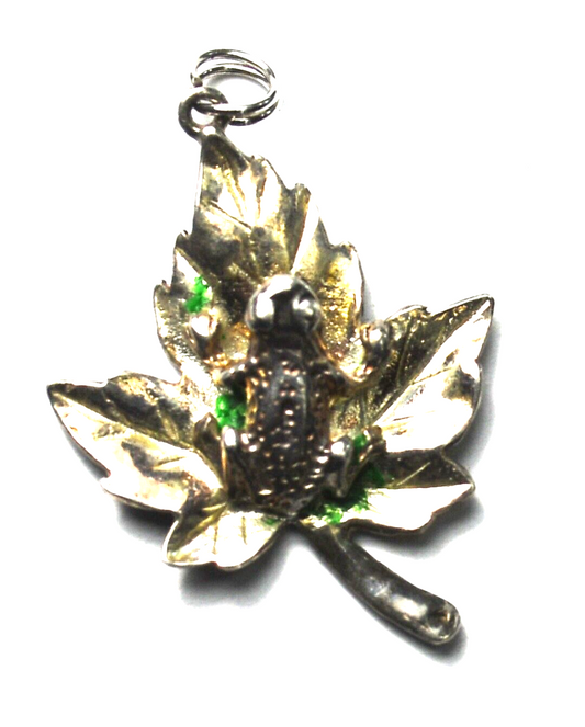 Sterling Silver Frog On Maple Leaf Charm Pendant 29mm x 22mm