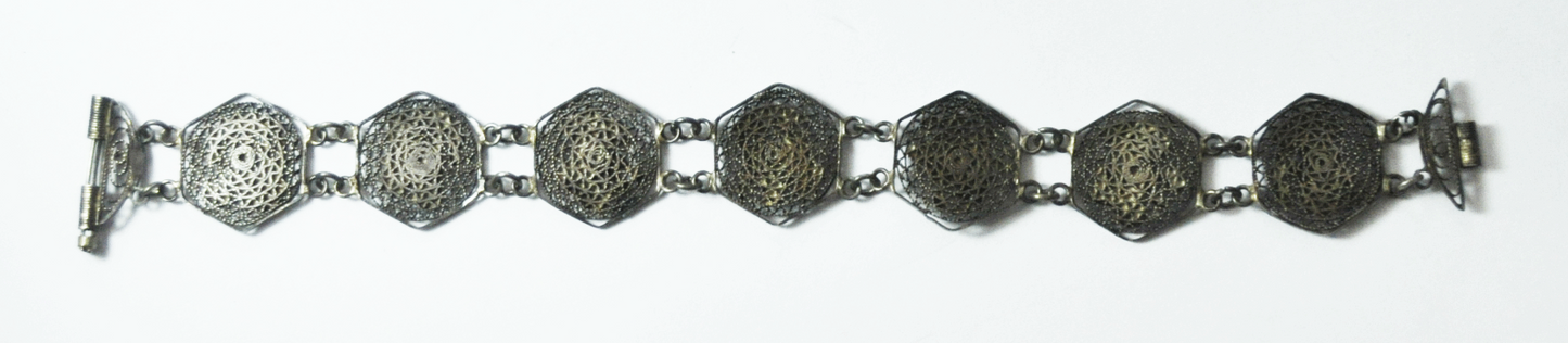 Silver Egyptian Hieroglyphic Lion Camel Pyramid Filigree Bracelet 22mm 7-3/4"
