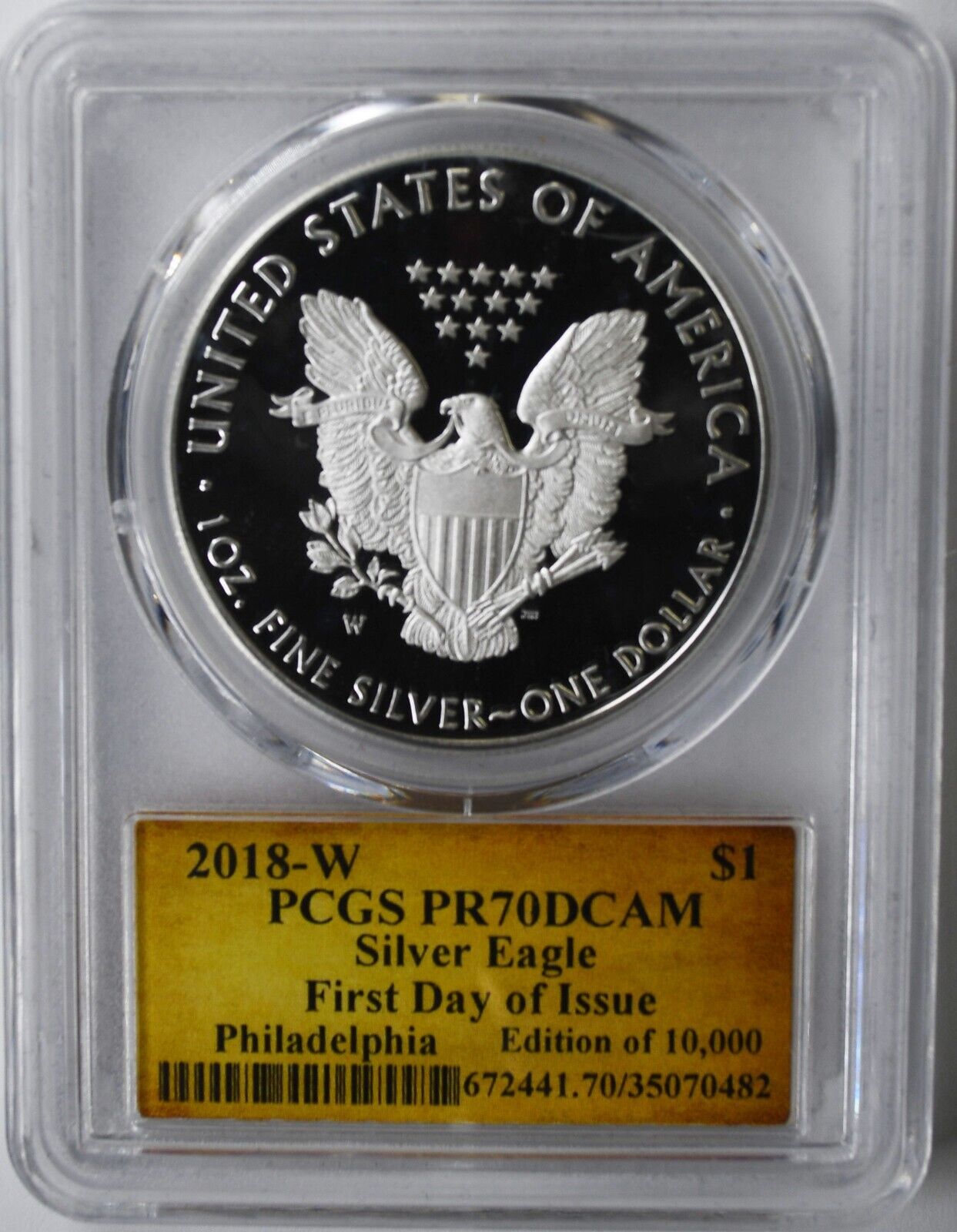 2018 W $1 Silver American Eagle PCGS PR70 DCAM Proof Ounce First Day Cleveland