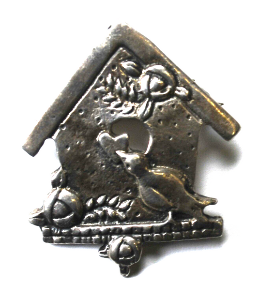 Sterling Silver MEINK Mary Engelbreit Birdhouse Bird Brooch Pin 35mm x 29mm