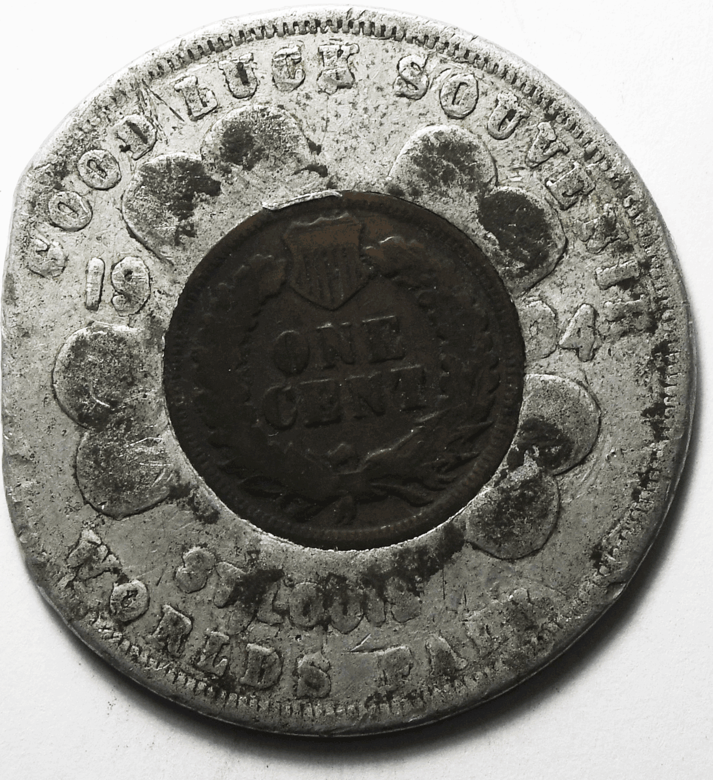 Encased Penny 1c 1904 Indian Head Cent St Louis Worlds Fair 38mm