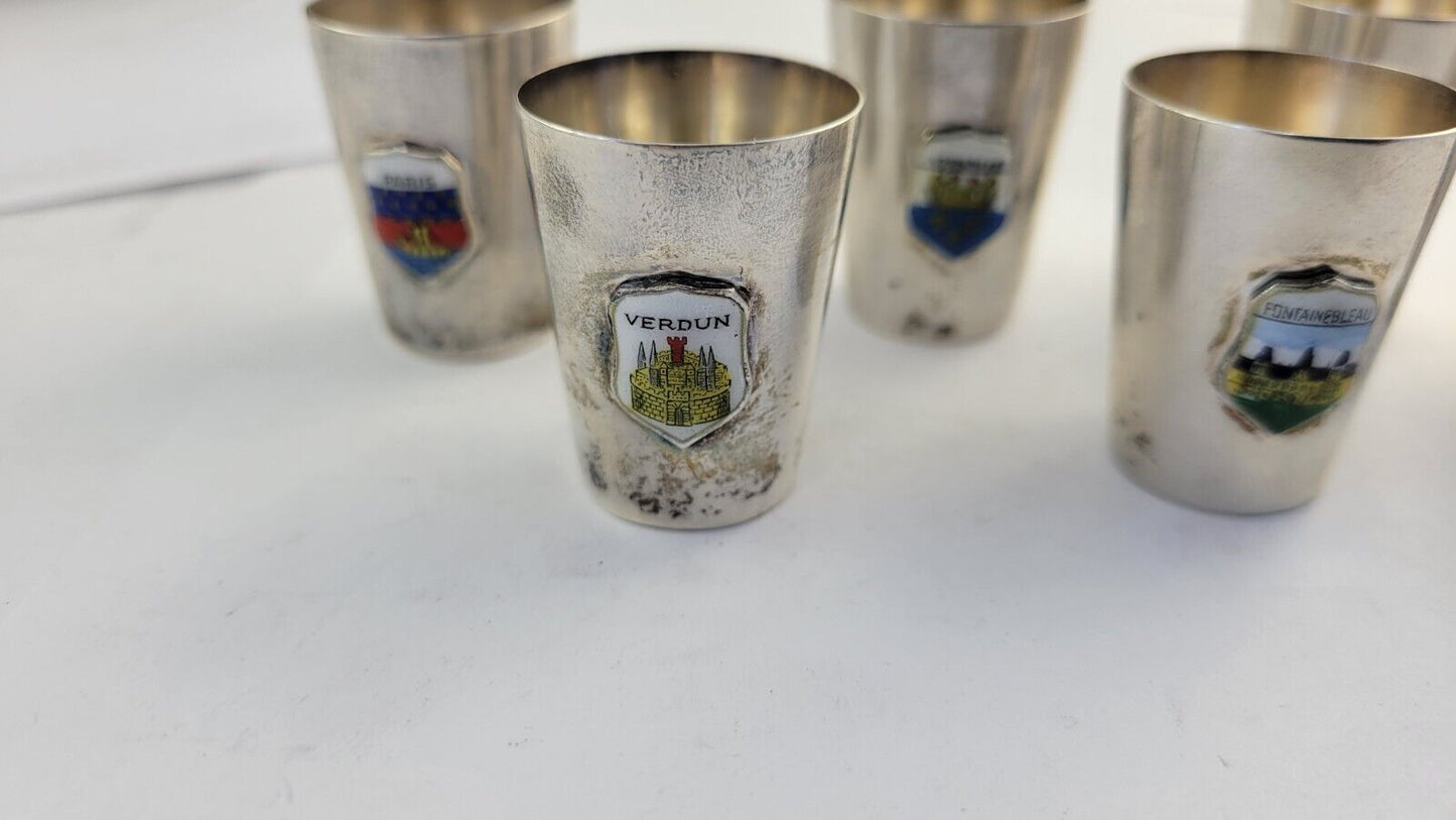 6pc. Sterling Souvenir Shot Glasses 2.4oz. Paris, Orleans, Versailles 1 3/8"