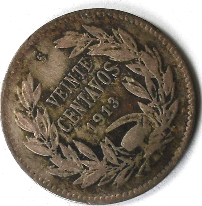 1913 Chile 20 Centavos Silver Coin KM# 151.3