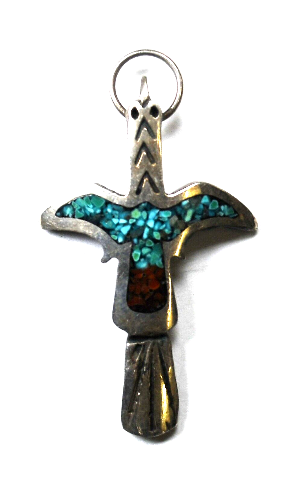 Sterling Turquoise Coral Chip Inlay Thunder Peyote Bird Pendant 42mm x 24mm