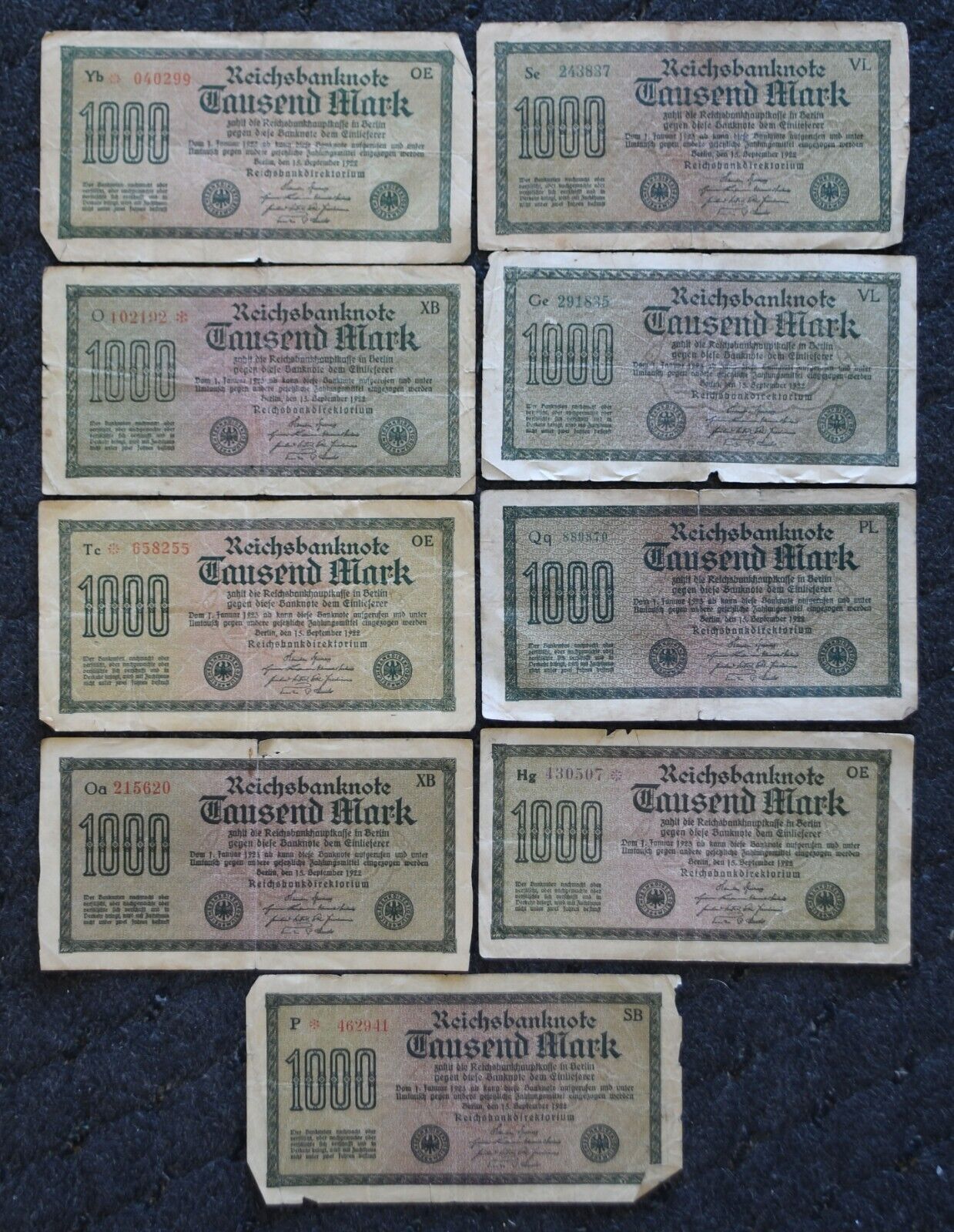 9- 1922 Germany 1,000 One Thousand Mark Reichsbanknotes