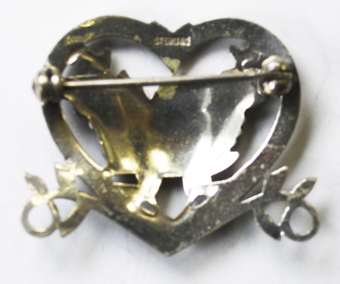 Sterling Silver Dove Inside Heart Floral Vine Brooch Pin 33mm x 27mm