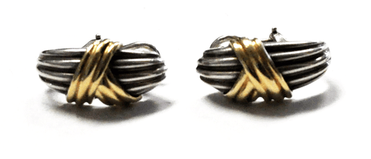 Sterling Silver Designer 18k Stripe Hoop Omega Earrings 13mm x 27mm