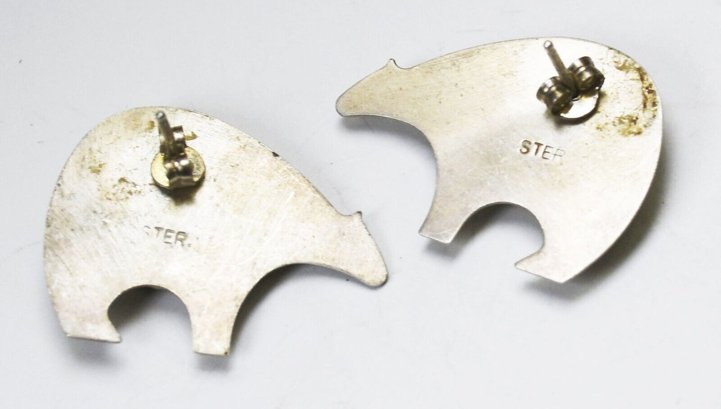 Sterling Diamond Cut Bear Turquoise Coral Malachite Inlay Earrings 28mm x 21mm