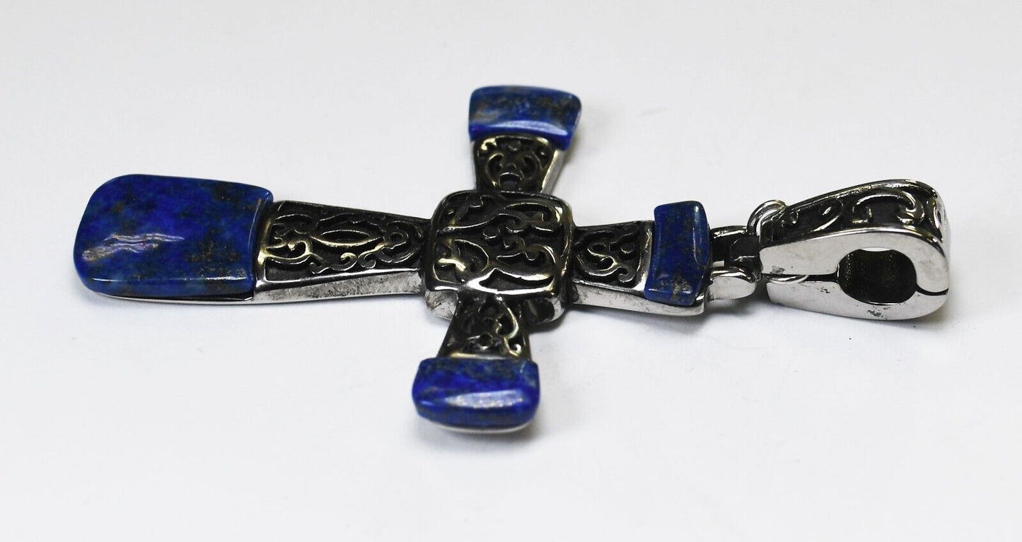 Stainless Steel Blue Lapis Cross Pendant 71mm x 40mm Openable Magnetic Bale