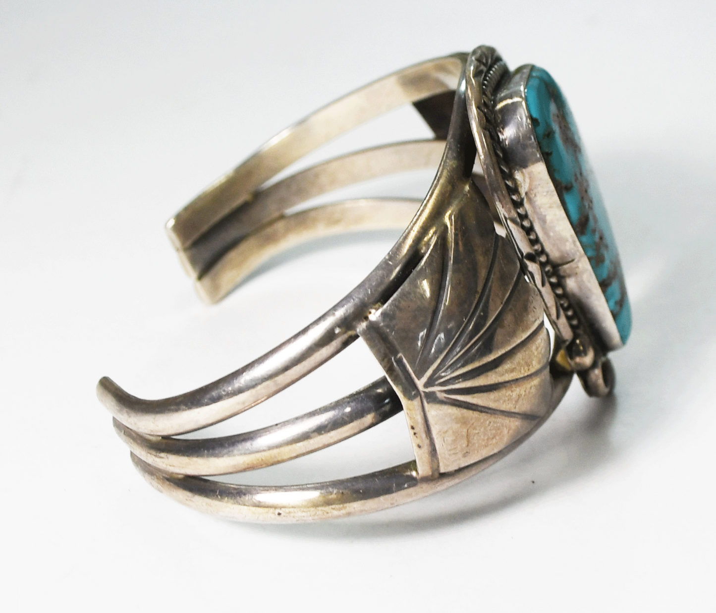 Sterling Turquoise Triangle Feather Hooded 39mm Cuff 3 Bar Bracelet 7" Wrist