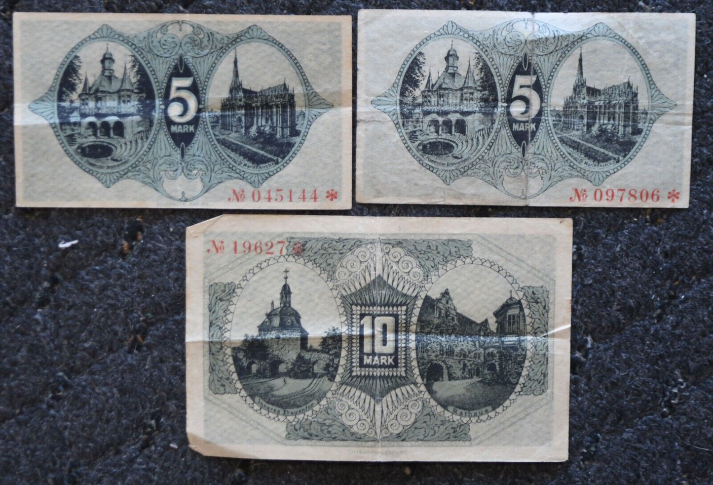 1918 Germany Notgeld 5 & 10 Mark Muhlhausen Notes