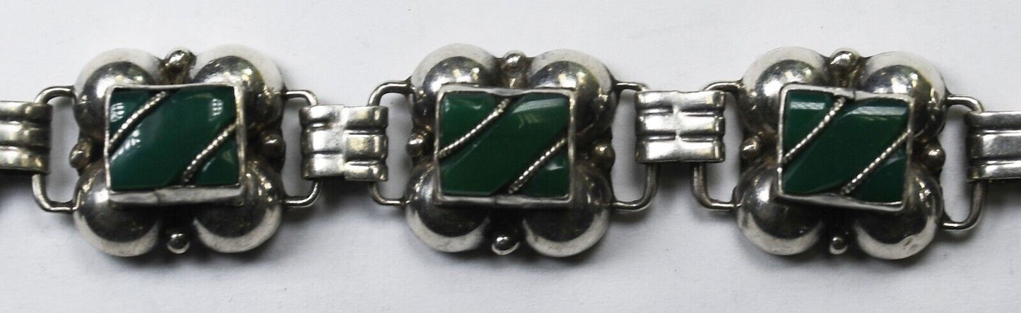 Sterling Silver Green Mexican Jade Inlay Bracelet 16mm 7.25"