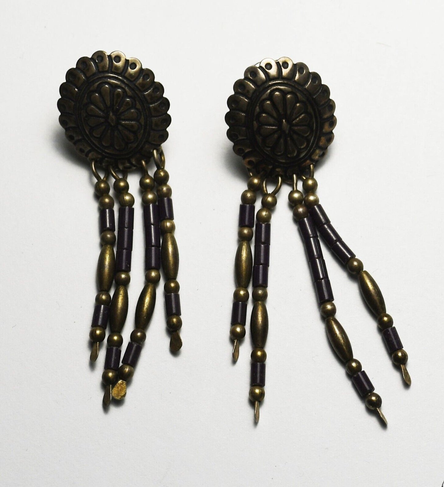 Sterling Silver Concho Purple Bead Dangle Earrings 47mm x 15mm