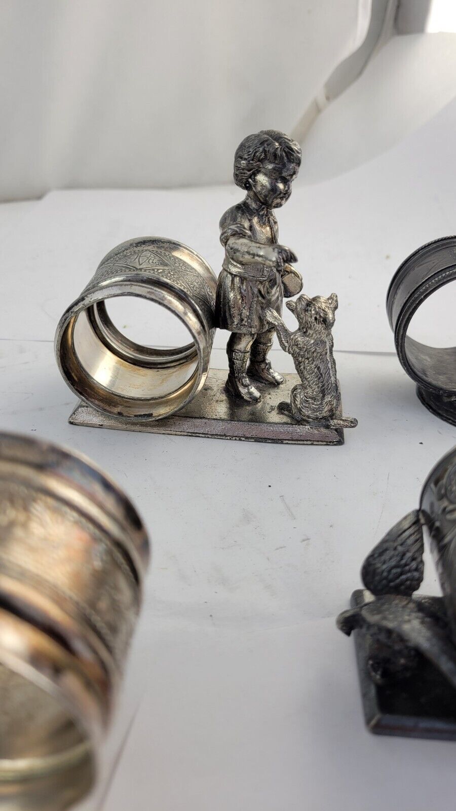 4 Victorian Figural Silver Plate Napkin Ring Holders Eagle. Boy Dog, Girl Child