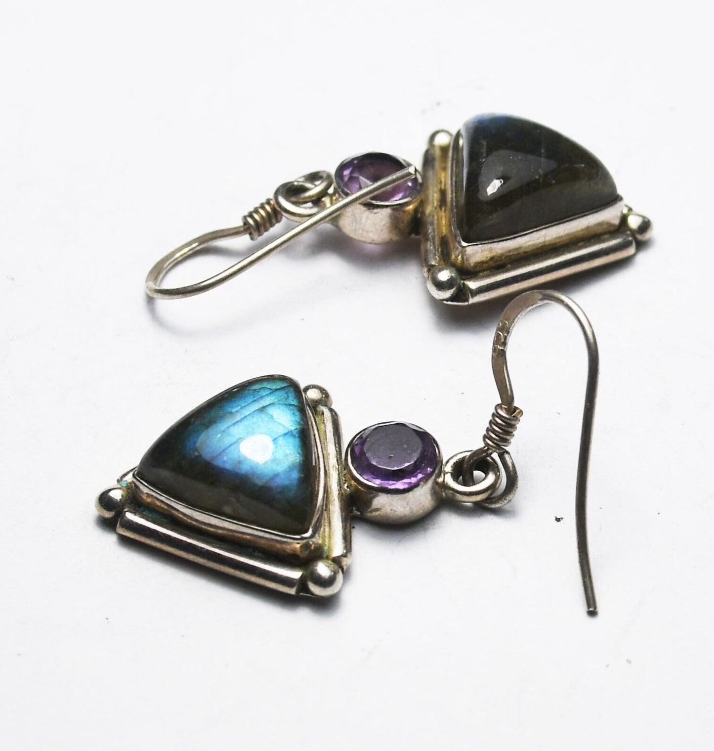 Sterling Silver Labradorite Triangle Amethyst Dangle Hook Earrings 35mm x 16mm