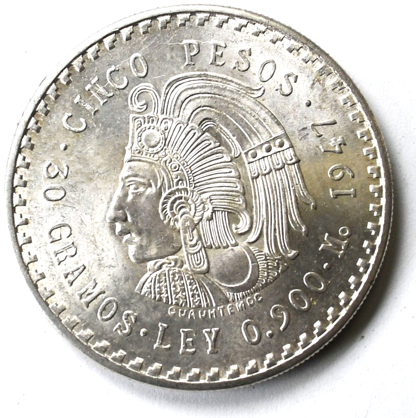 1947 Mexico Estados Unidos Mexicanos Five Pesos Silver Coin KM#465 Uncirculated