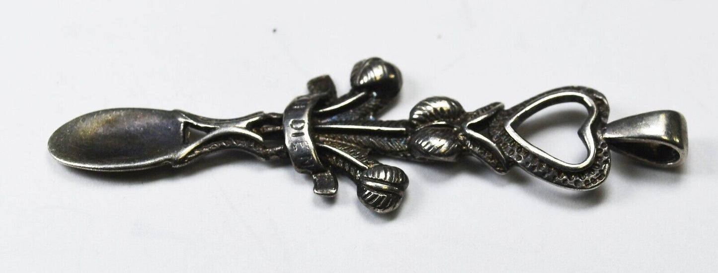Sterling Silver Ich Dien Prince of Wales Spoon Pendant 59mm x 17mm